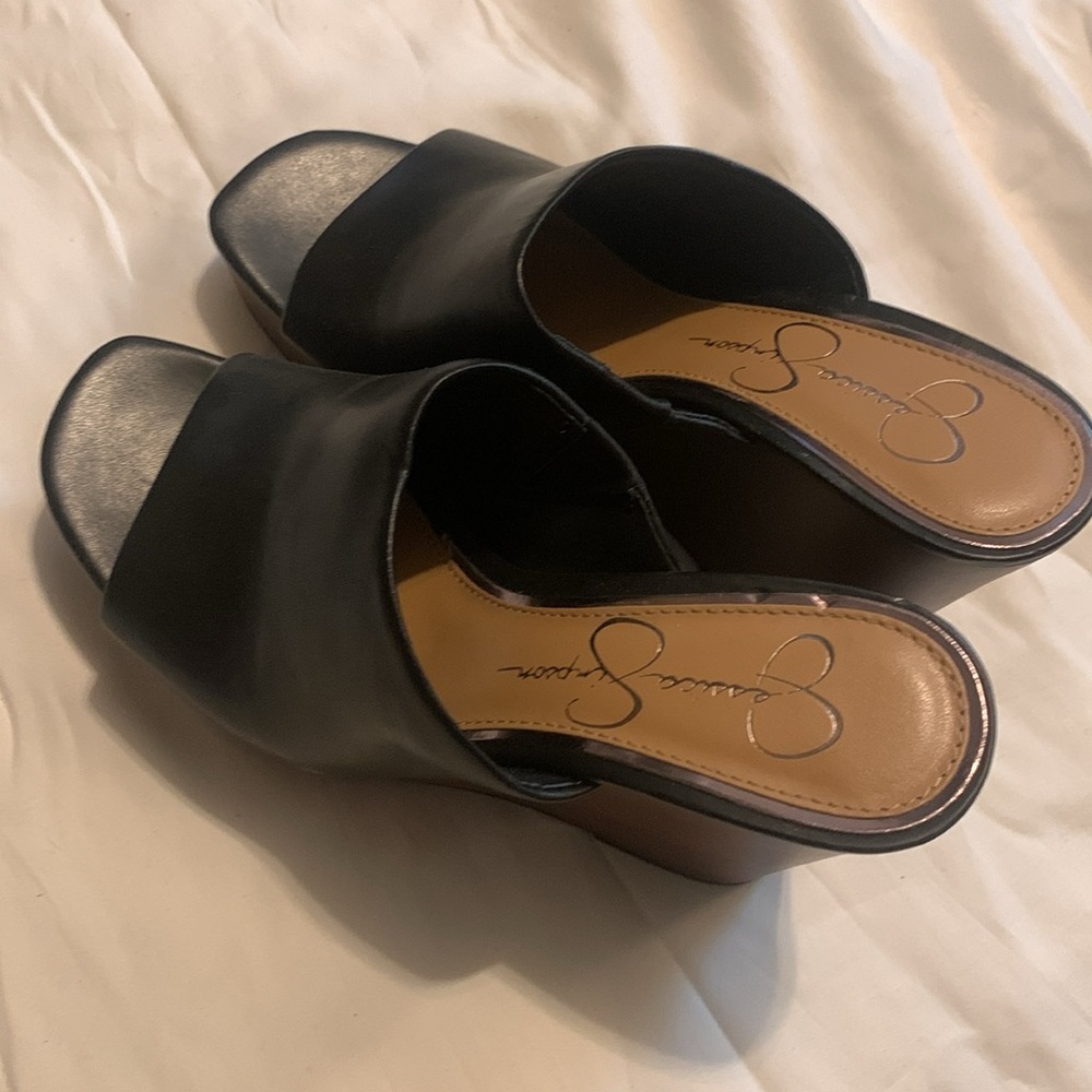 Jessica Simpson Black Leather Open-Toe Wedge Sandals with Wood-Effect Platform - Picture 8 of 11